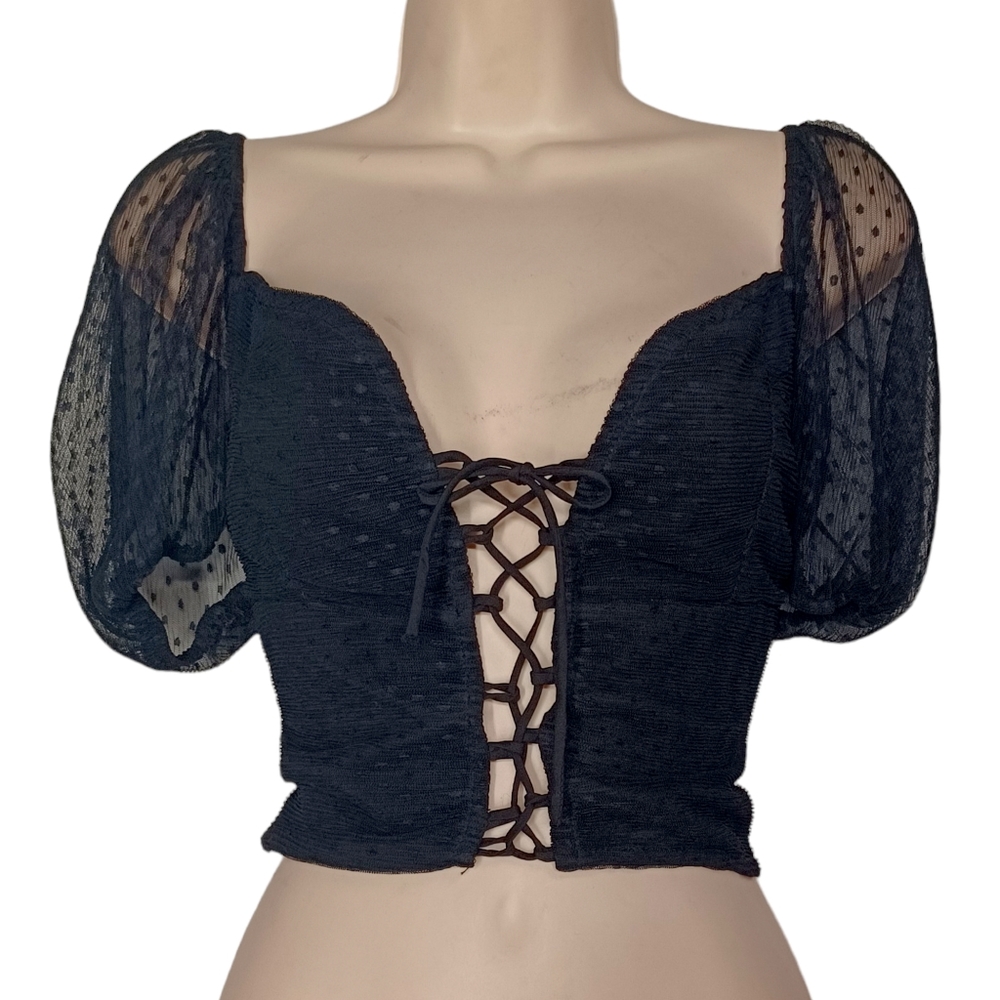 O.VIANCA Black Polka Dot Print Mesh Lace Up Puff Short Sleeve Stretchy Top L